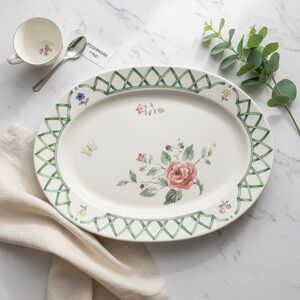 Pfaltzgraff Garden Trellis Oval Serving Platter Floral Green Lattice Vintage 14”